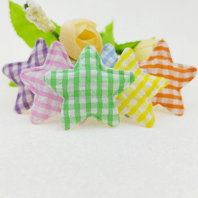 Gingham Star Padded Appliques, Mix Color, DIY Children Hair Clip, Garment Accessories, 35mm, 60Pcs