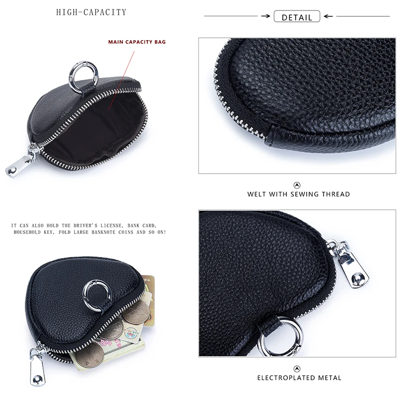 Zipper Pouch Keychain Black Red Heart Small Pouch with Zipper Mini Coin Purse Luxury Genuine Leather Change Purses with Keyring