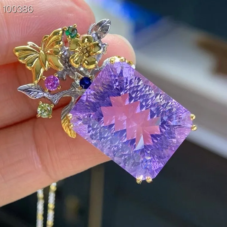 Vintage Natural Purple Amethyst Pendant, 925 Silver Two-Tone Handmade 18x22mm, Crystal Jewelry Gift for Women