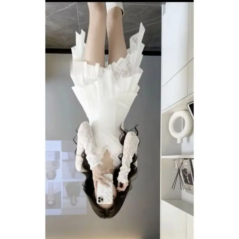 Lace New Patchwork Skirt Slim Long Sleeve French Waist  Summer Slimming Dress Short Skirt Temperament Commuting Age Reduction