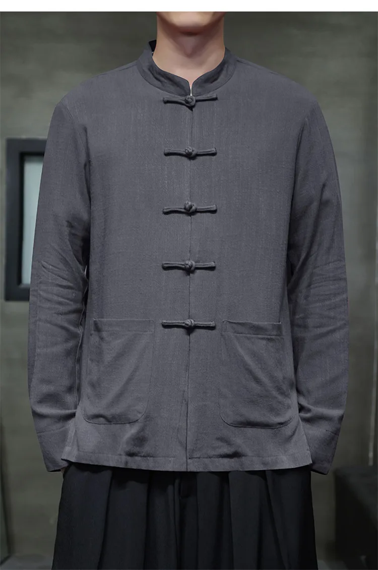 Nova camisa masculina de linho estilo chinês com gola retrô, casual e leve, de manga comprida, com estilo de rua asiático.