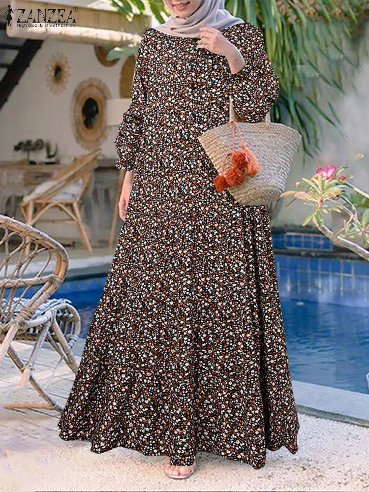 

2025 Autumn Floral Printed Dresses ZANZEA Fashion Muslim Dress Abaya Women Bohemain Long Sleeve Sundress Robe IsIamic Clothing
