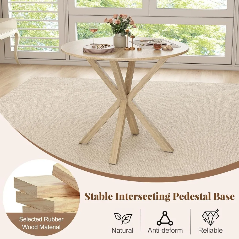 طاولة طعام مستديرة على طراز المزرعة العتيقة 36 لـ 4 أشخاص - طاولة مطبخ من الخشب المطاطي الريفي مع أرجل متقاطعة، مناسبة لـ Vi