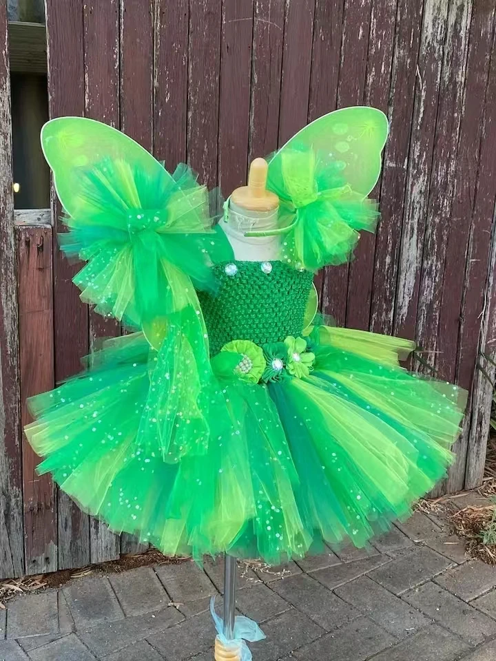 Girls Green Flower Fairy Dress Kids Glitter Tutu Dress with Butterfly Wing and Stick Hairbow Set Children Cosplay Party Costumes