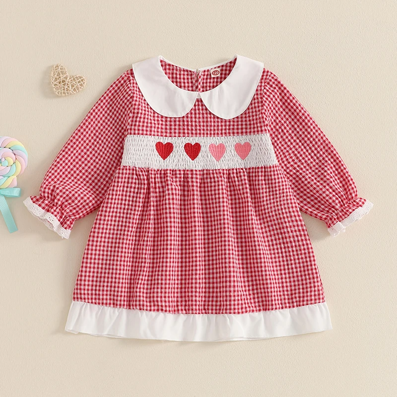 Baby Girl Valentines Day Dress Love Heart Embroidery Smocked Bubble Dress Infant Birthday Party Casual Dress Clothes