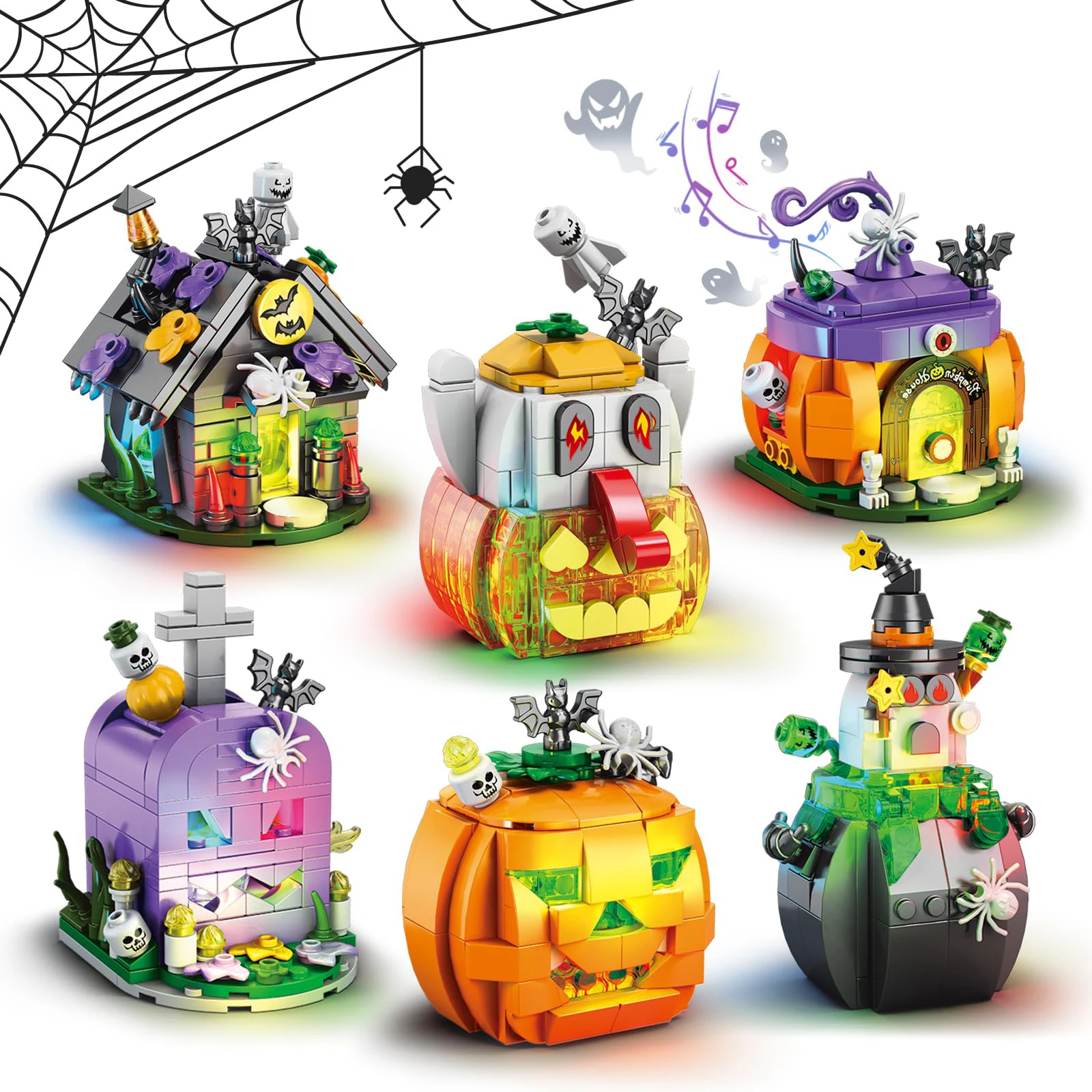 

6pcs Halloween Building Blocks Set Haunted House Pumpkin Carriage Skull Head MOC Brick Set Toy for Children Home Decoration Gift