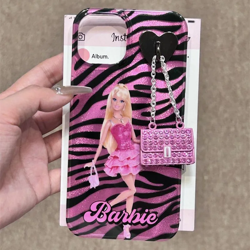 Chic Barbie Metal Pendant Sparkling Lustre Lining Hard Phone Case for iPhone 15 Pro Max 14 Plus 13 Pro 12 Mini 11 X XS XR SE 7 8