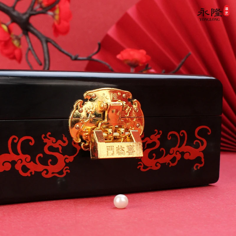 Storage Box Solid Wood Black Character Pattern Painted Handmade Wedding Gift Chinese Style Practical  Jewelry Desktop Decoration