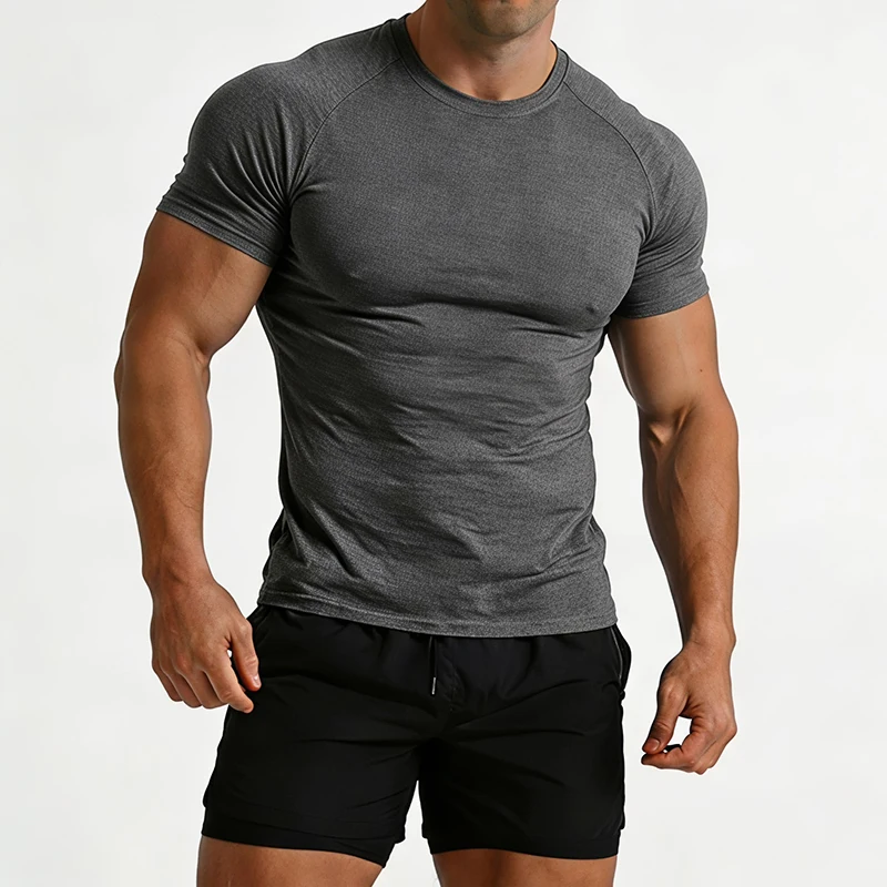 American Style Men's Gym T-Shirt Cotton Spandex Elastic Short Sleeve Tee Athletic Fitness Sports Casual Tops