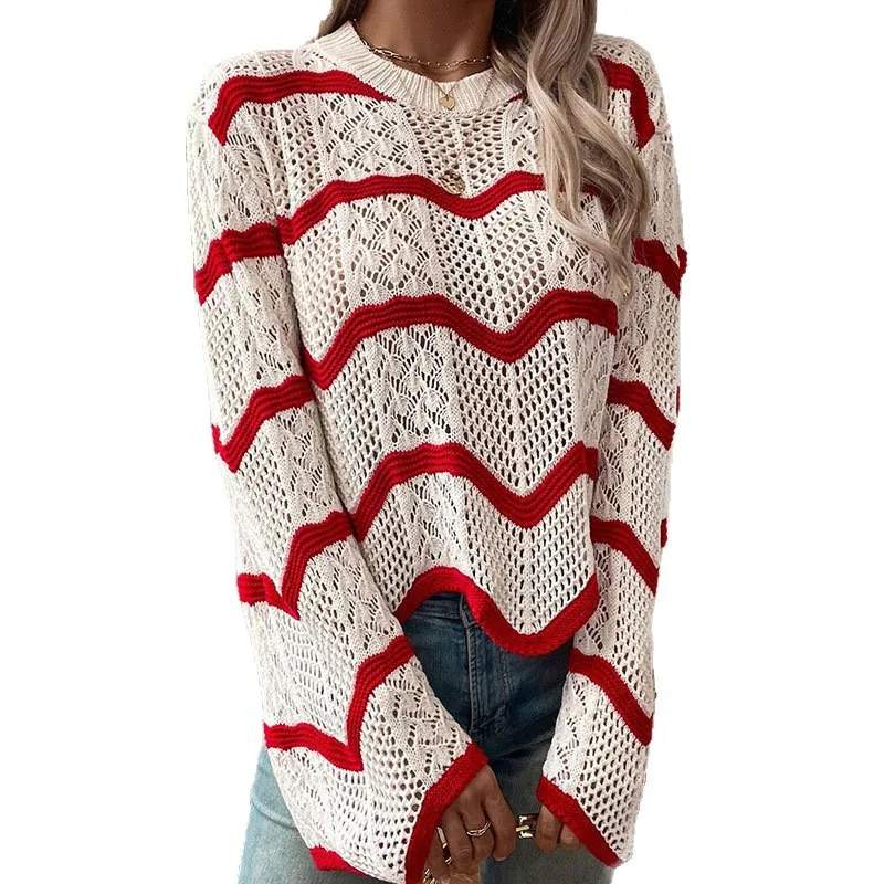 Ladies Chevron Striped Hollow Out Knit Top Bell Sleeve Crew Neck Sheer Crochet Sweater for Fall & Summer view 5