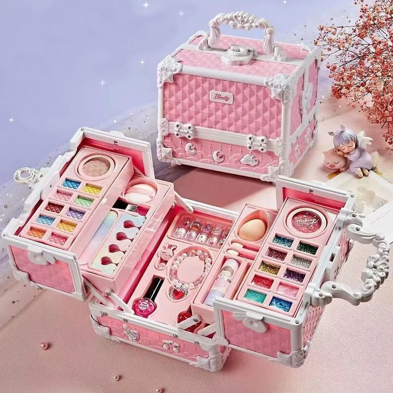 

Makeup Set For Girls Makeup Box Suitcase Washable Makeup Kit Full Set Lipstick Eyeshadows Nail Polish Stickers Kid Game Toy Gift