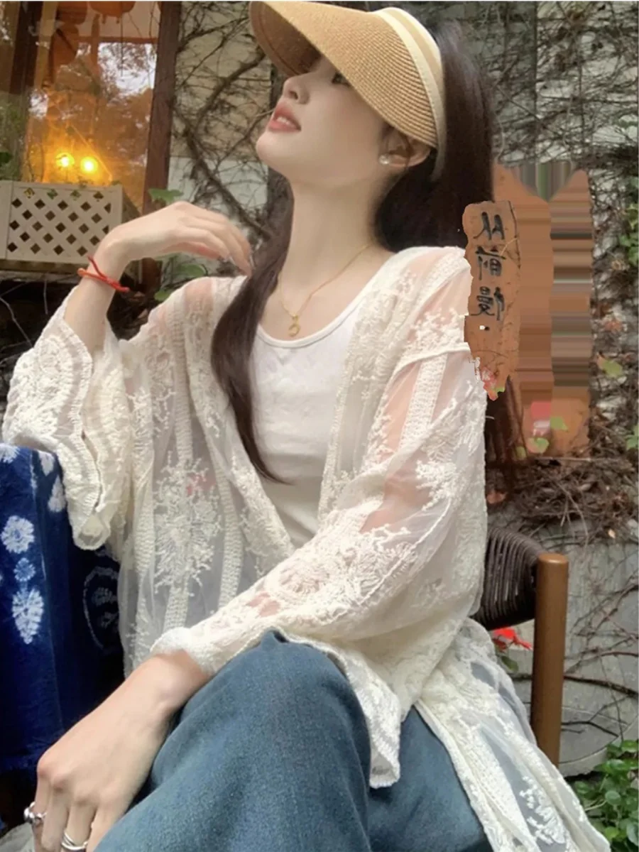 

Lace Hook Embroidery Sun Protection Outerwear Women's Summer Vaion Loose Long Sve Open Cardigan Air Conditioned irt
