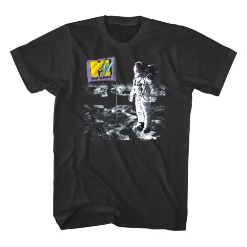 MTV Men's T-Shirt Celebrating the Flag on the Moon Iconic Music Logo Space Stars