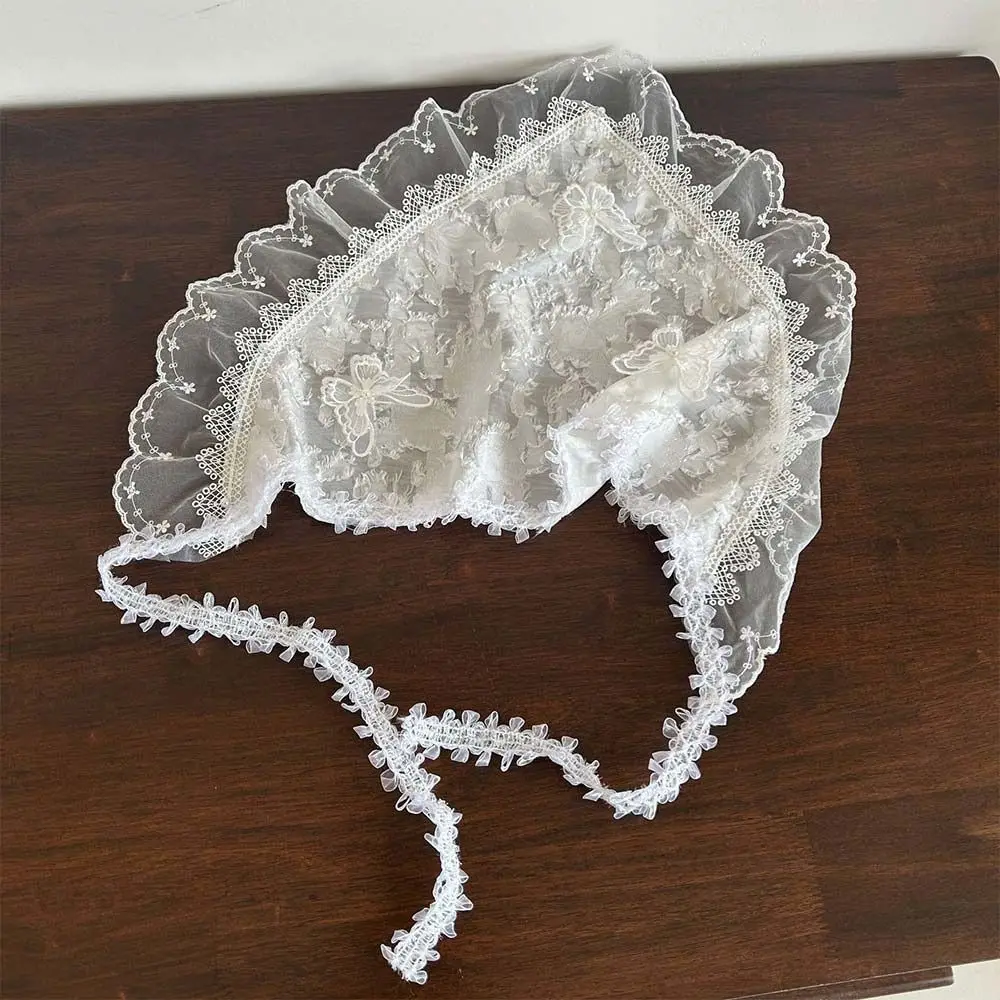 

White Lolita Headscarf Floral Embroidery Silk Triangle Hair Wrap 3D Soft Breathable Lace Hair Band