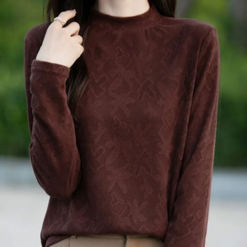 

Fashion Retro Solid Color Round Neck Long Sleeve Hook Flower Hollow Knitted Base Shirt for Women Spring and Autumn New Loose Top