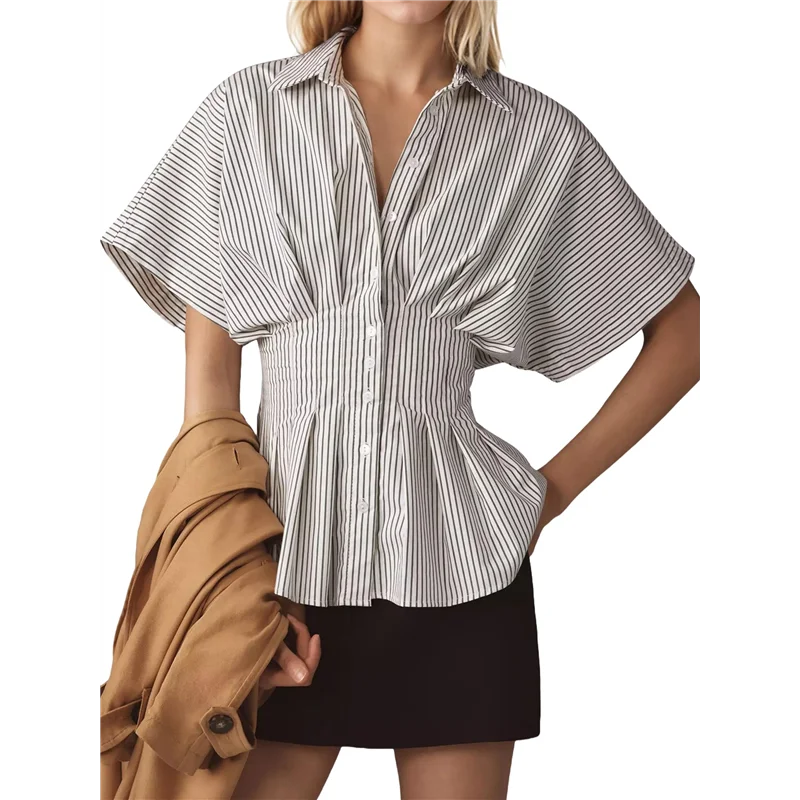 

CYL-Striped Button Down Shirts For Women Short Sleeve Pleated Corset Blouse Casual Summer