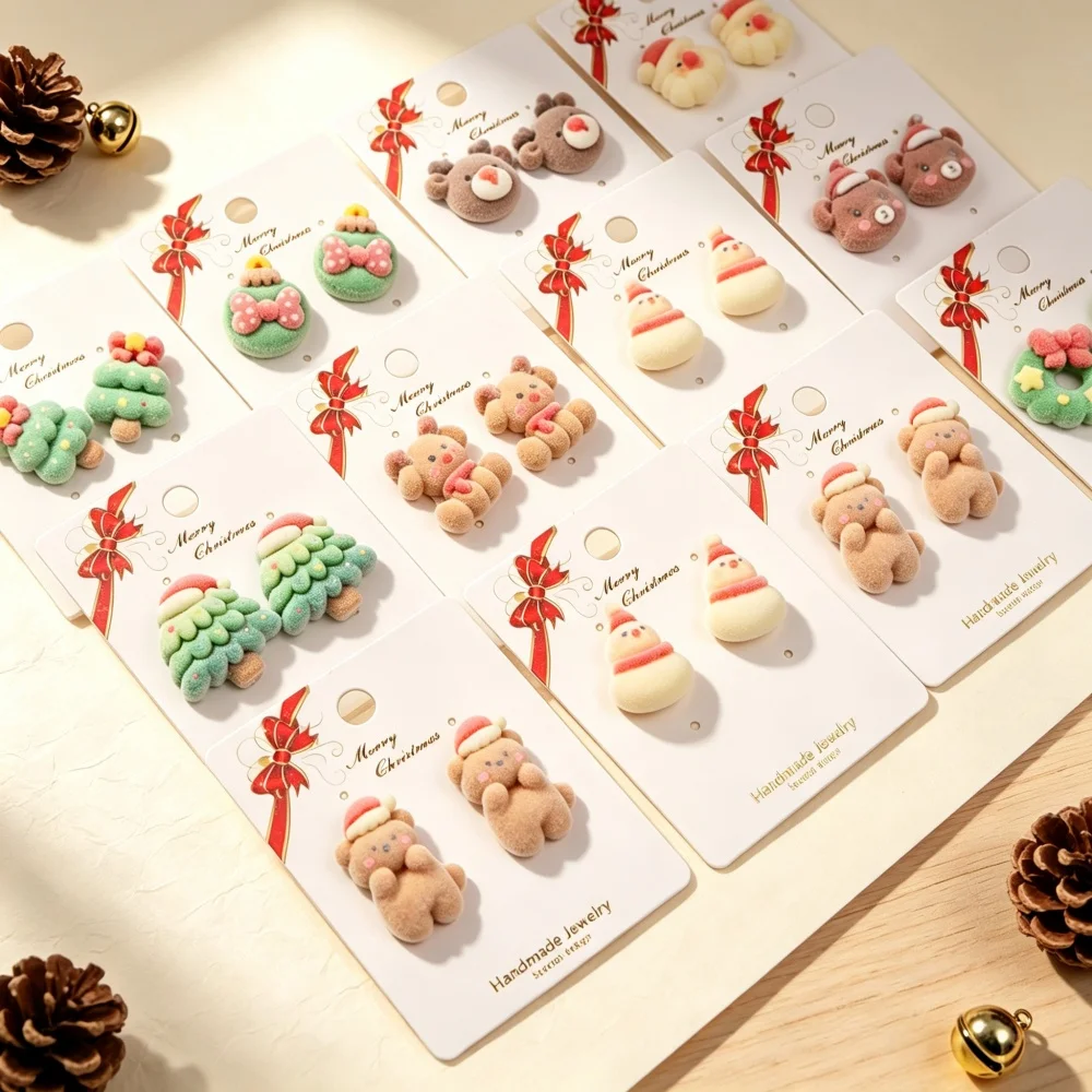 8/16Pairs Christmas Cute Flocked Resin Earrings For Women Cartoon Snowman Santa Claus Christmas Tree Mix Jewelry Holiday Party