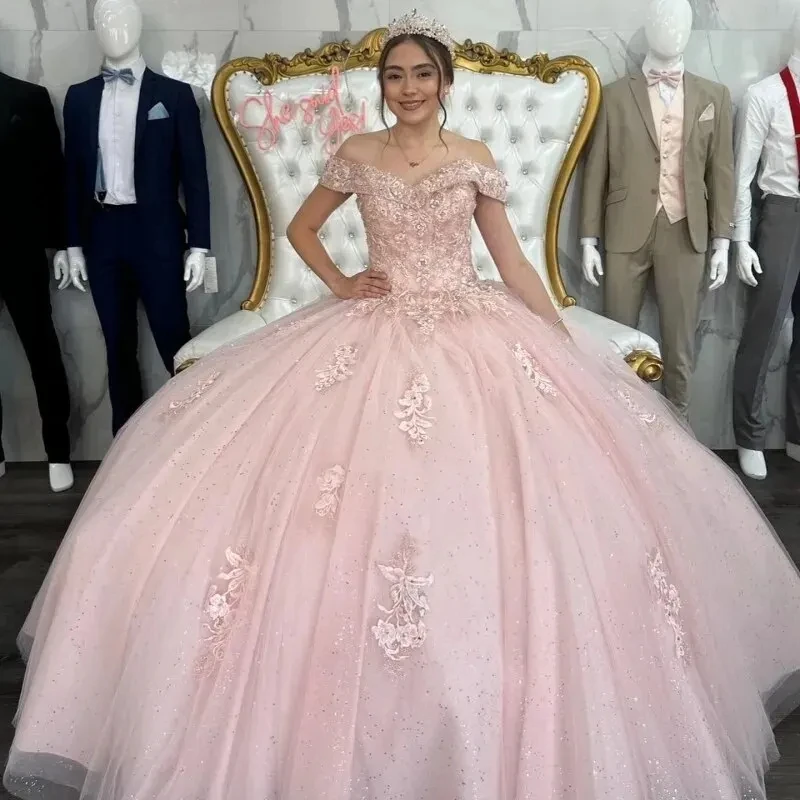 ANGELSBRIDEP Glittering Pink Quinceanera Dresses V-neck Off-Shoulder Flowers Lace Appliques Vestidos De 15 Anos Birthday Party