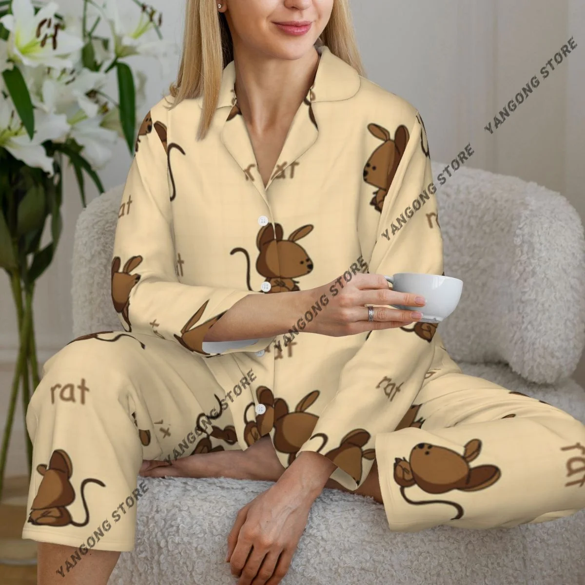 

Cartoon Rat Womens Pajamas Loungewear Two-piece Sleepwear Button-Down Full Sleeve Long Pajamas Set