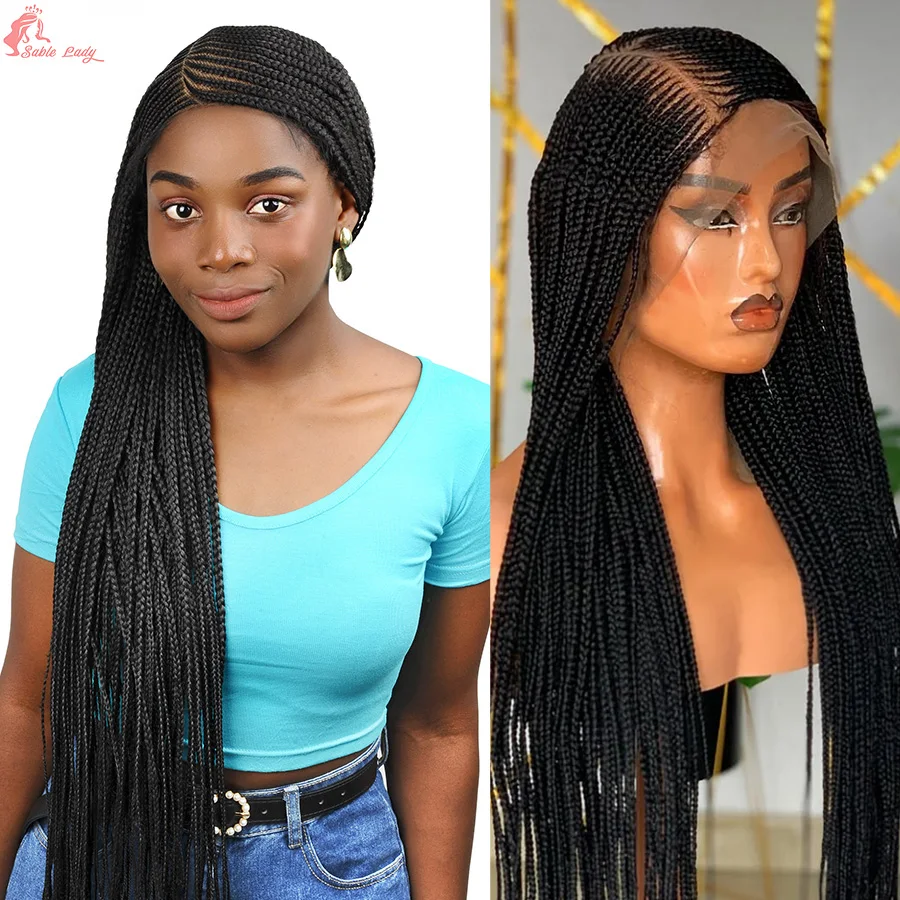 

Синтетические кружевные плетеные парики Goddess для чернокожих женщин, боковая часть, косички, плетеный парик без узлов, косички с детскими волосами, 36 дюймов