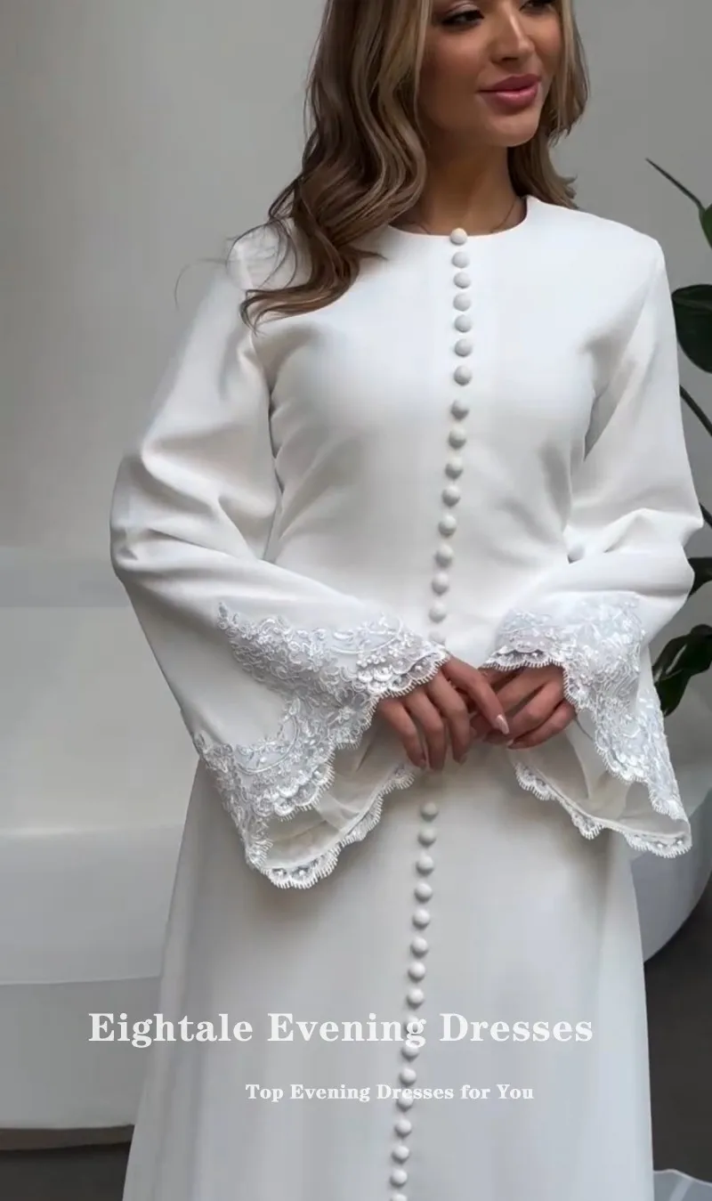 Eightale Arabic Wedding Dress Customized Ivory Satin Appliques Lace Muslim Long Sleeves Buttons Bridal Gown Bride Party Dress image 3