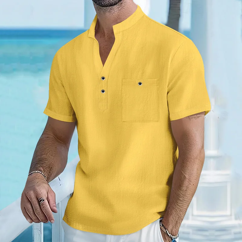 Herren-Henley-Shirt mit Stehkragen, Kurzarm, Baumwoll-Leinen-Mischung, Brusttasche, Atmungsaktiv, Sommer, Alltag, Reise, Strand, Freizeit-Oberteil – Detail 26