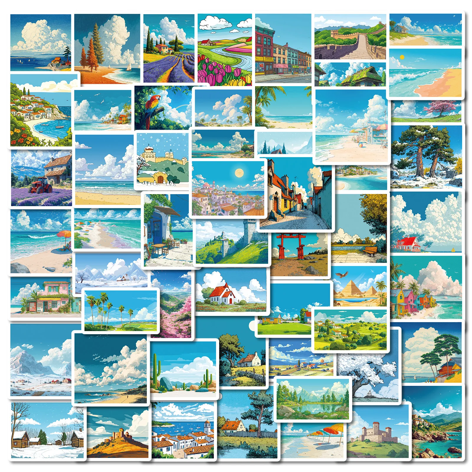 56/112 Stück Cartoon-Aufkleber mit blauem Himmel und Wolken, natürliche Landschaft, für Schulbedarf, Notebook, Telefon, Kühlschrank, Gepäck