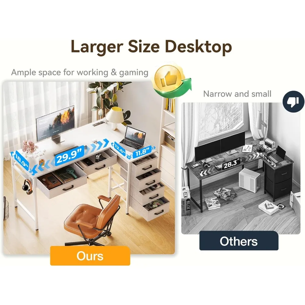Mesa em forma de L de 42 polegadas com gavetas, mesa de computador com tomadas elétricas, mesa de escritório doméstico com 6 gavetas