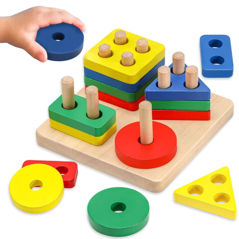 Educational Wooden Toys Geometric Shapes Montessori Puzzle Color Sorting Math Bricks Baby Preschool Learning Educational Games