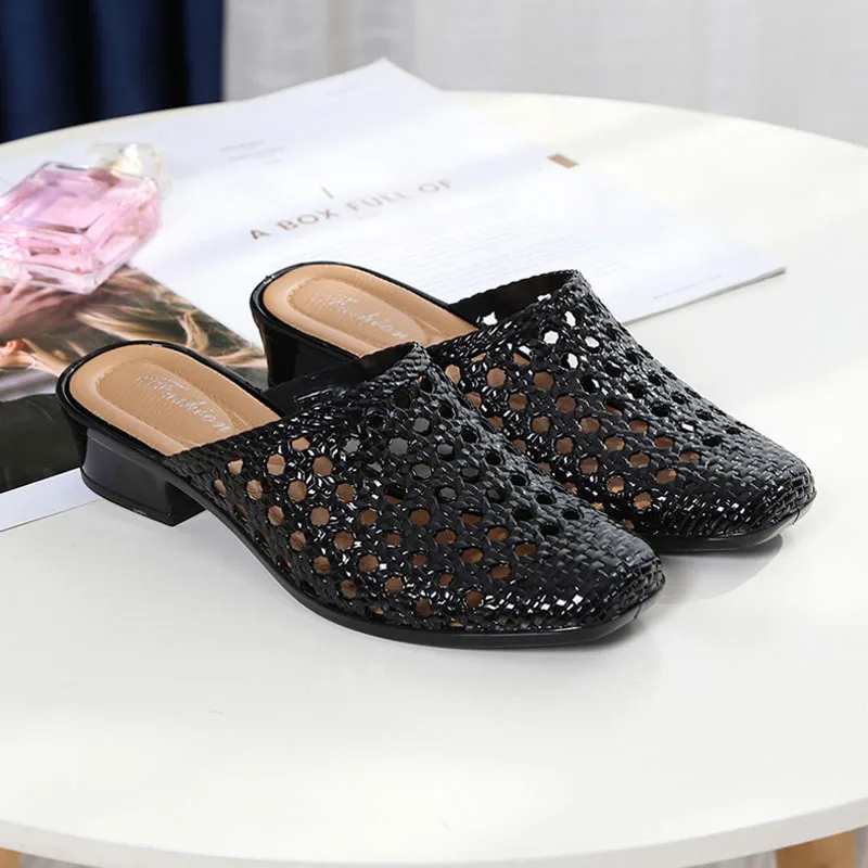Women's bag head summer mid heel fashionable height increase thick sandals hollowed out breathable simple casual shoes