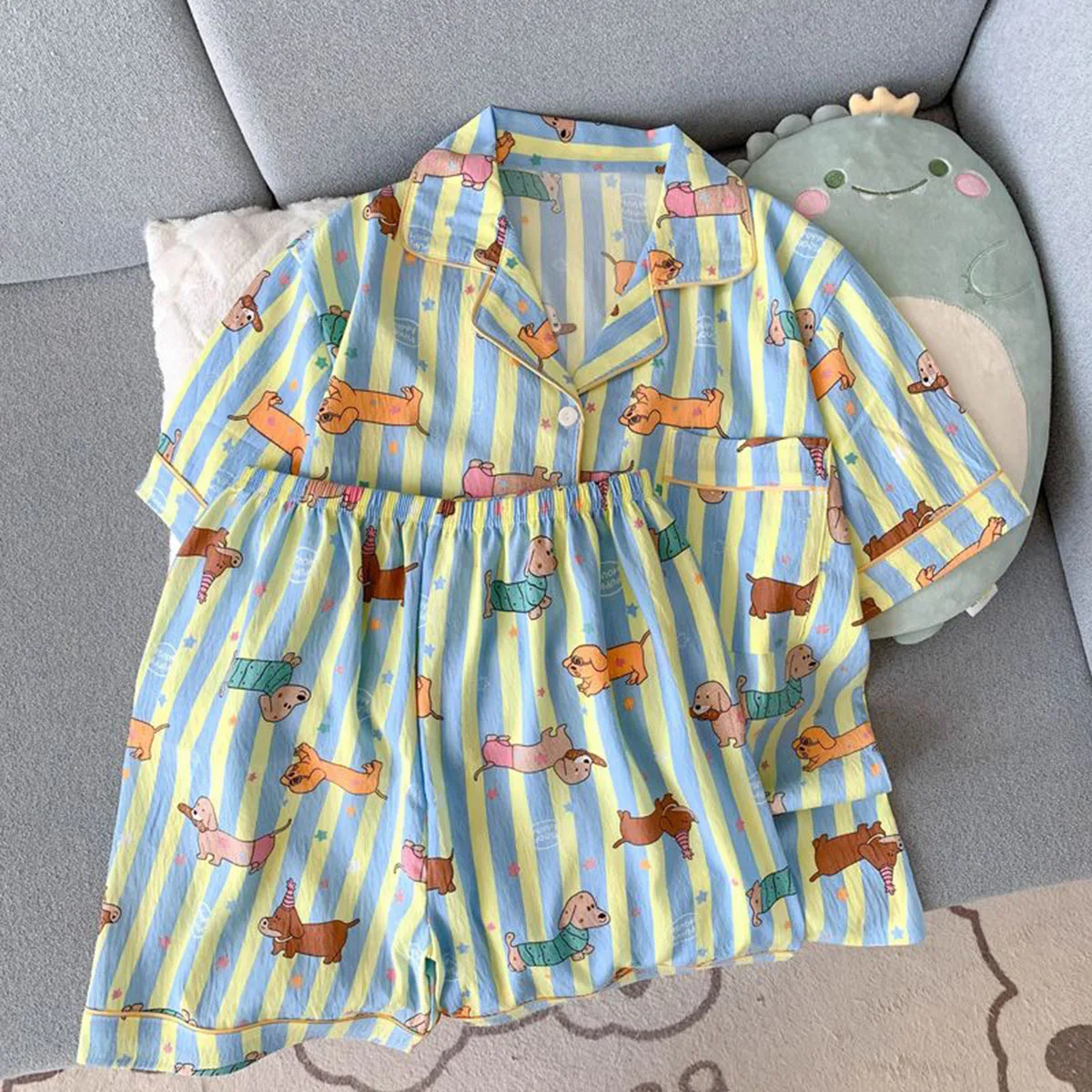 Sternen- und Streifen-Hunde-Print Kawaii-Pyjama für Frauen Y2K Mode Reverskragen Damen-Pyjama Sommer Neu Süß Niedlich Hauskleidung für Frauen – Detail 4