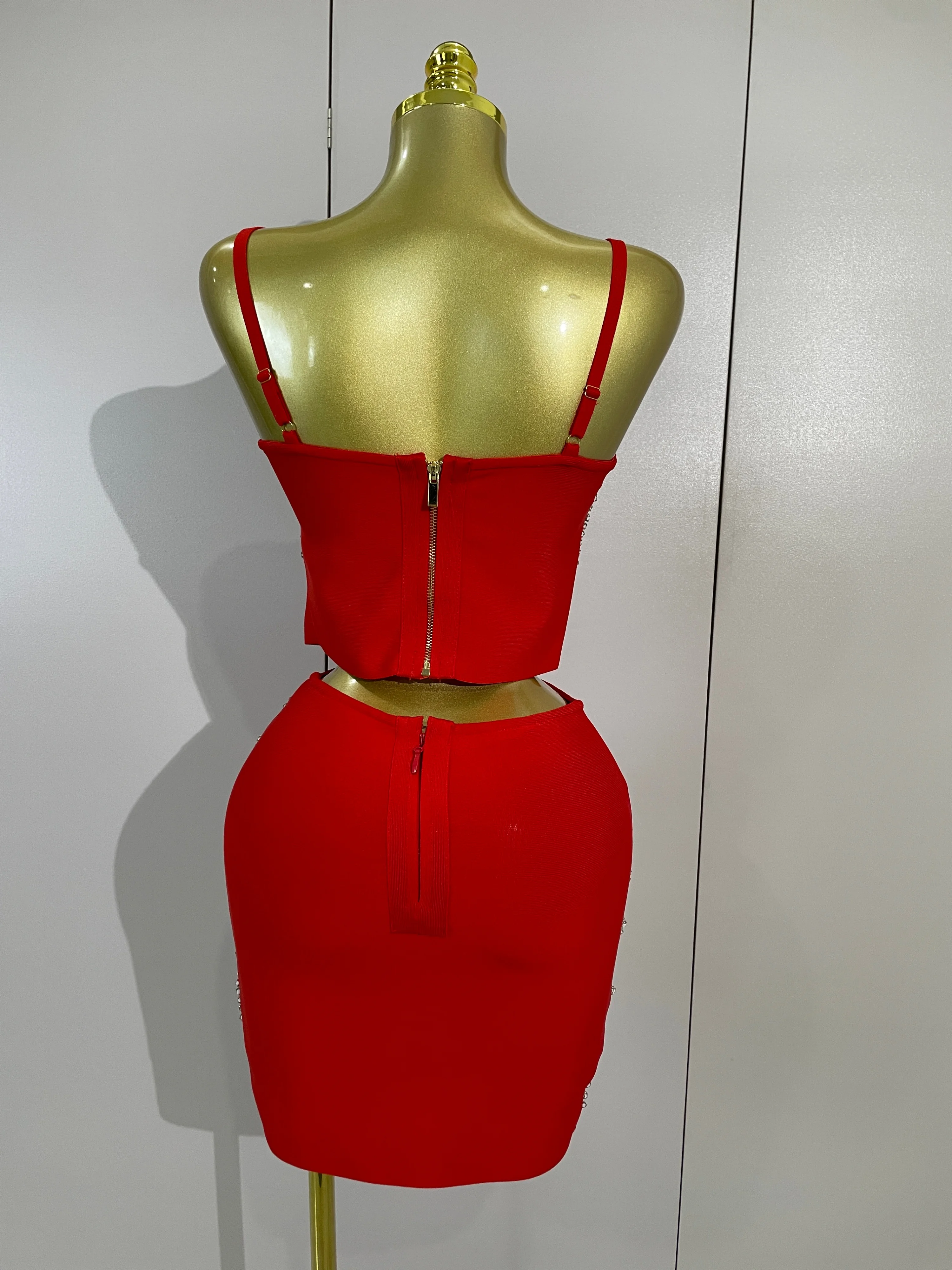 Elegant Diamond Chain Sexy Sleeveless Bandage Mini Dress Two Piece Set Women Celebrity Eveing Party Prom Birthday Club Dress view 3
