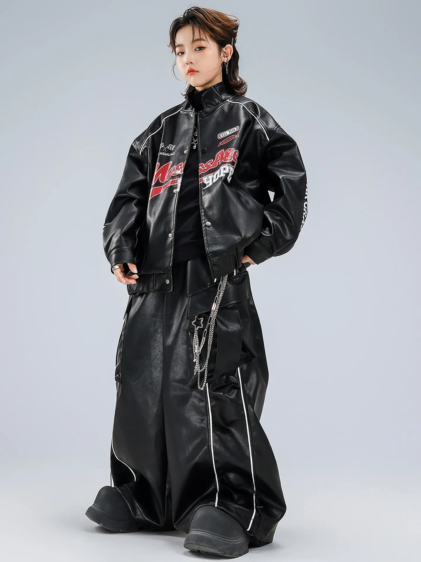 Vêtements Hip Hop Cool pour adolescents, veste en cuir noir, pantalon, tenues de danse de rue amples, spectacle de tambour, Costumes de danse de rupture BL17805