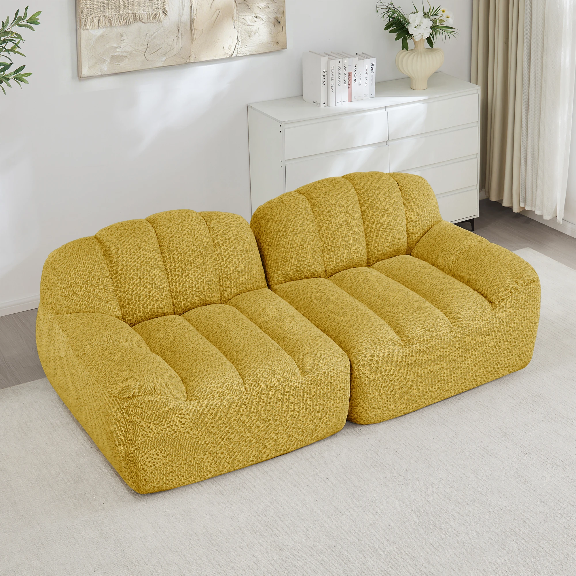 Sofá modular de 2 plazas - con asiento profundo y otomana modular - para salón o apartamento - en terciopelo acanalado - amarillo
