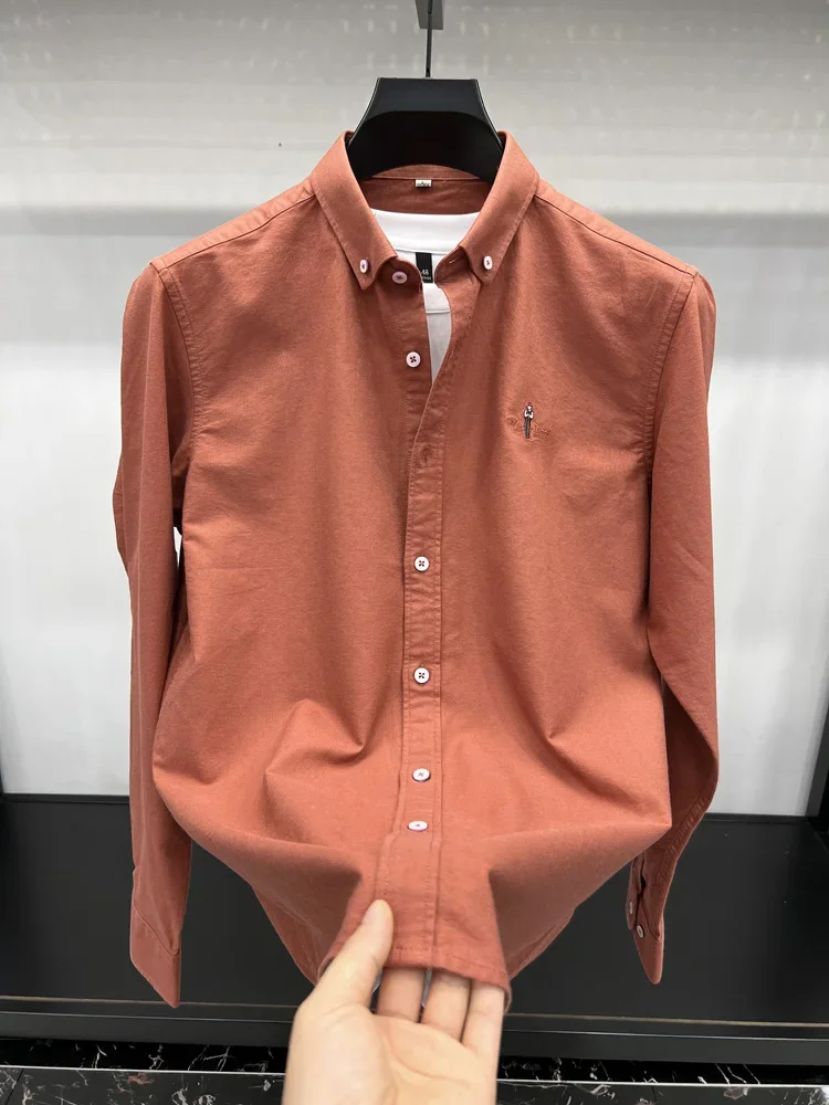 High-end Quality 100pure Cotton Men's Shirt Cartoon Embroidered Long-sleeve Base Shirt Korean Fashion Business Autumn Men's Wear
