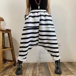 2024 Spring New Loose and Fashionable Black and White Striped Hanging Crotch Pants for Women with Wide Legs Showing Thin Pants