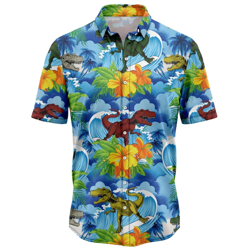 

Fashion Dinosaur Pattern Hawaiian Shirts For Men Summer Trendy Short Sleeve 3D Printed Blouses Casual Beach Vacation Lapel Shirt