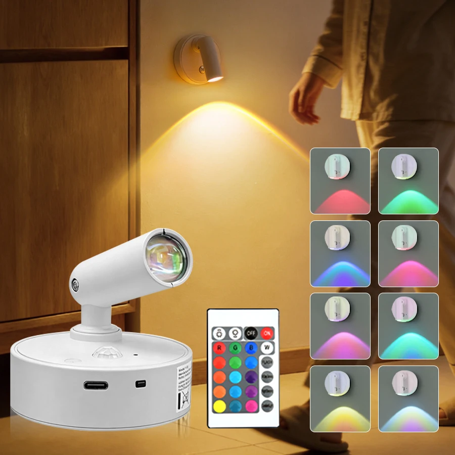 Motion Sensor LED Night Light RGB Rechargeable Wall Lamp Magnetic Spotlight Touch Dimmable Bedroom Bedside Lamps Room Decoration