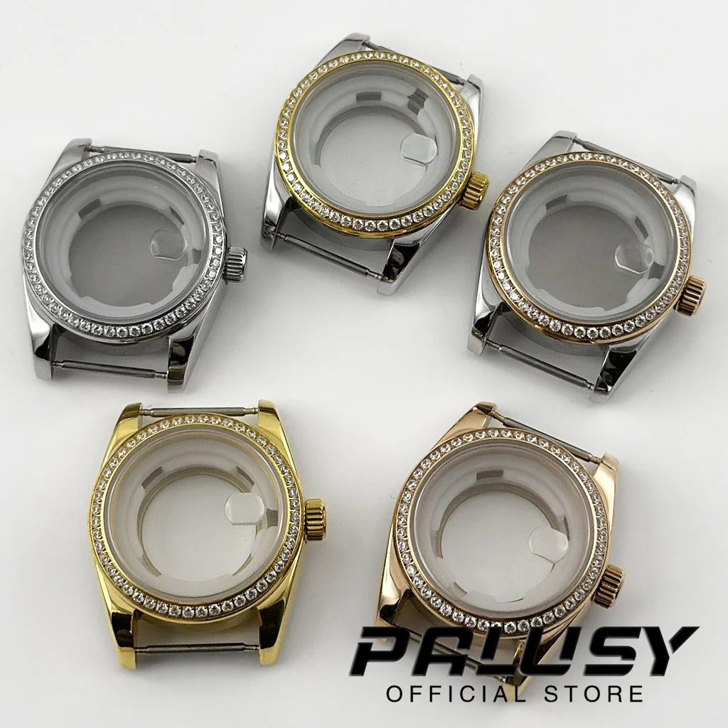 NH05 31MM diamante cristal de zafiro acero inoxidable estriado curvado caja de reloj impermeable para damas mujeres ajuste NH05 NH06 movimiento