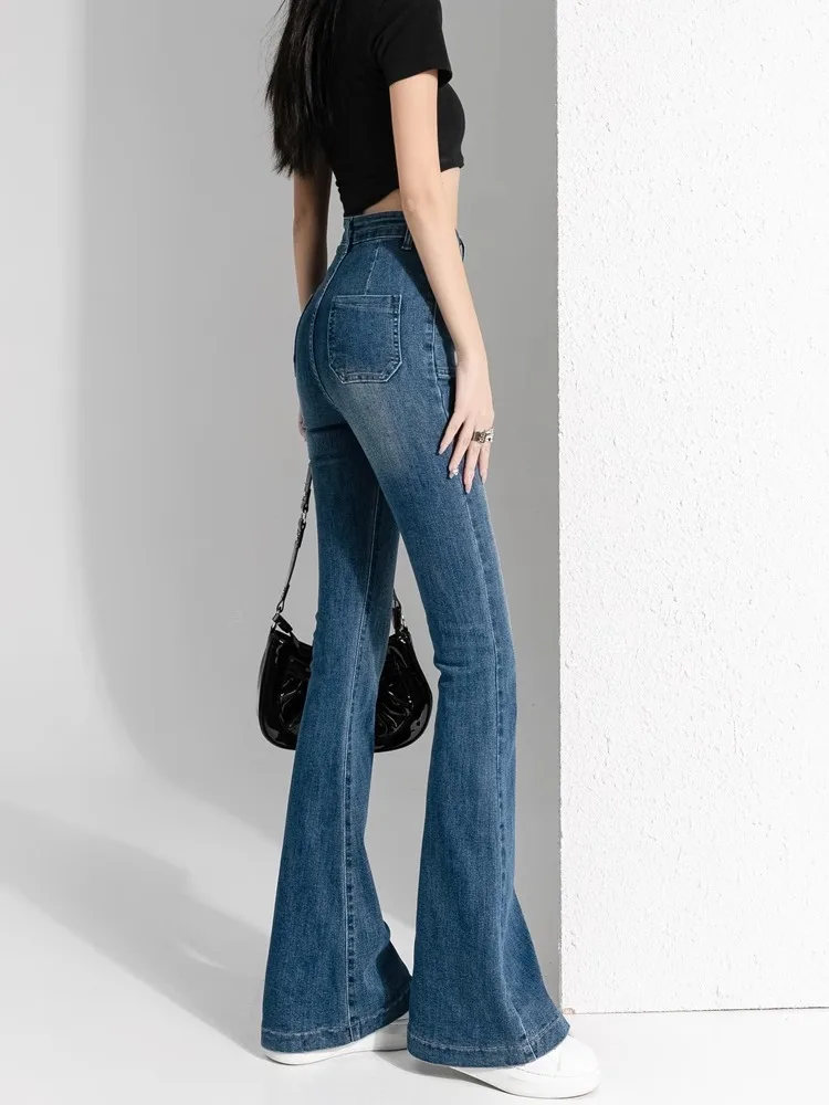 Retro High Waist Stretchy Micro Flared Denim Jeans Women's Spring Autumn New Style Slimming Small Size  Hoof Pants