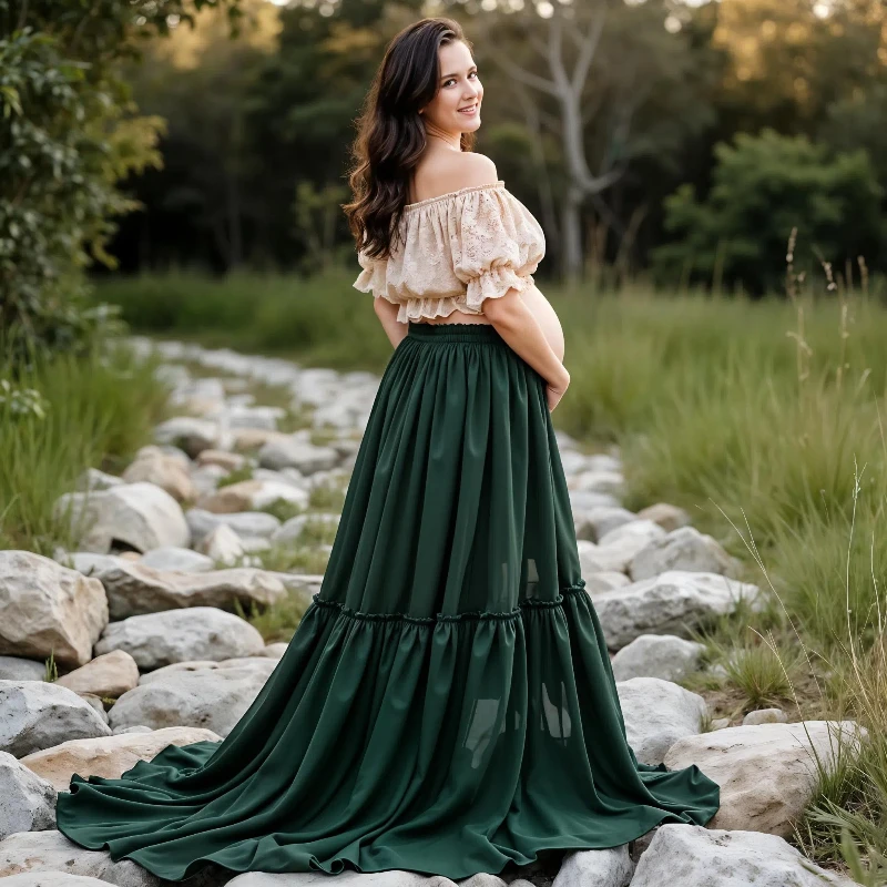 

Bohemian Maternity Dress for Photoshoot Lace Top Green Chiffon Skirt Off-shoulde Pregnancy Outfit for Photography Photo