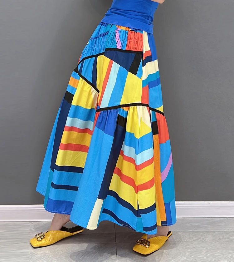 Elastic Waist A-Line New 2023 Summer Korean Style Woman Long Blue Printed Skirt Pockets Loose Fit Casual Holiday Skirt JJSK031