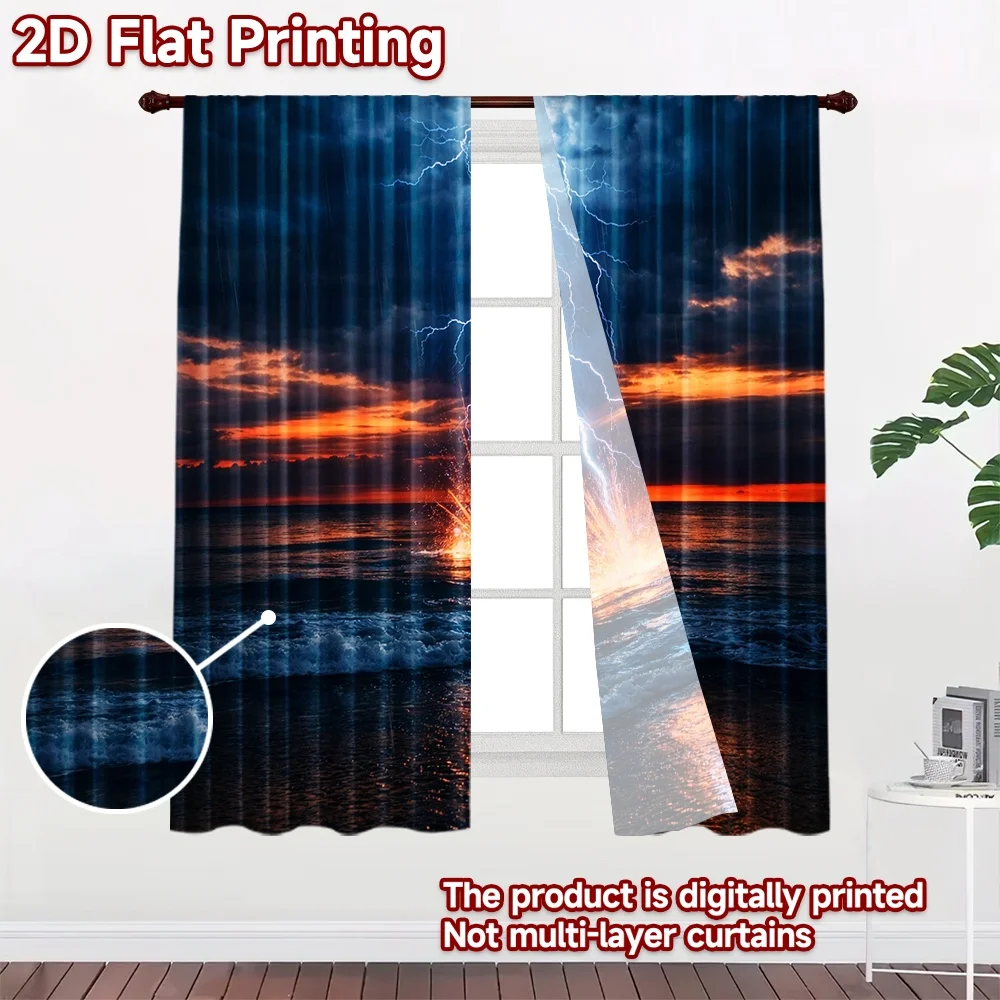 2D flat printing 2pcs Curtain Scene Curtain Ocean Lightning Strike Digital Printed Polyester Drapes Birthday Party Perfect for