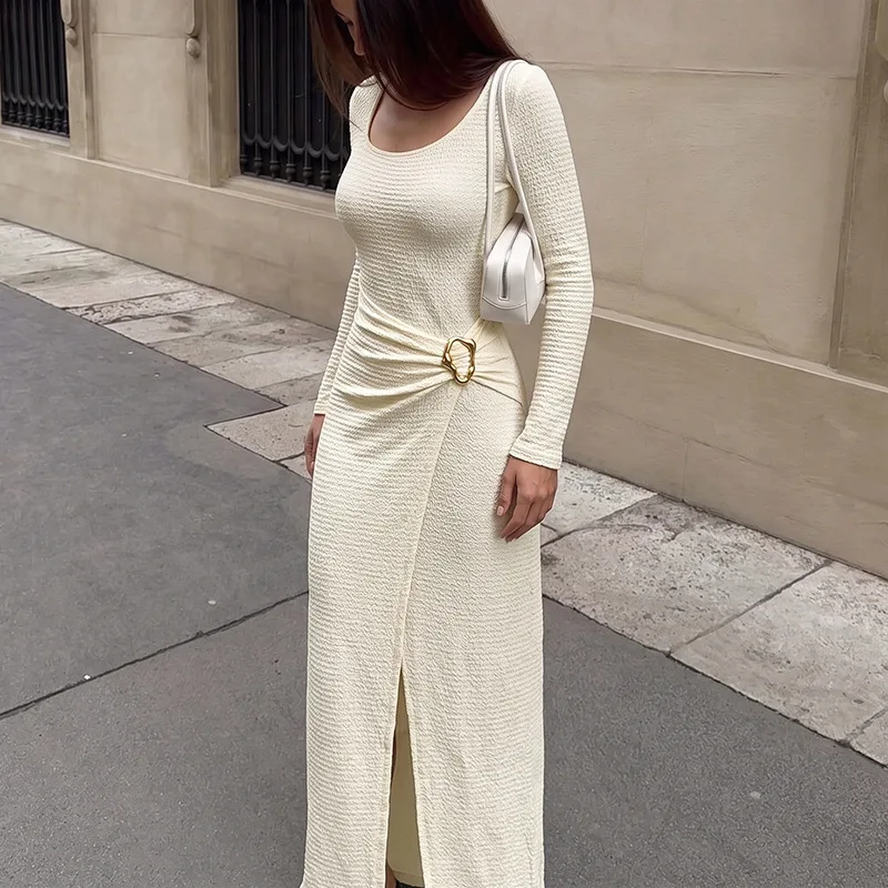 Chic Autumn and Winter Intellectual Commuter Style Hip-wrapped Long Dress Solid Color Square Neck Knitted Split Dress Women Y2K