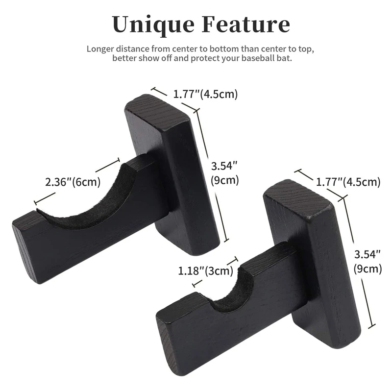 Retail Baseball Bat Display Wall Mount, suportes para parede, sólido, feltro forro e parafusos