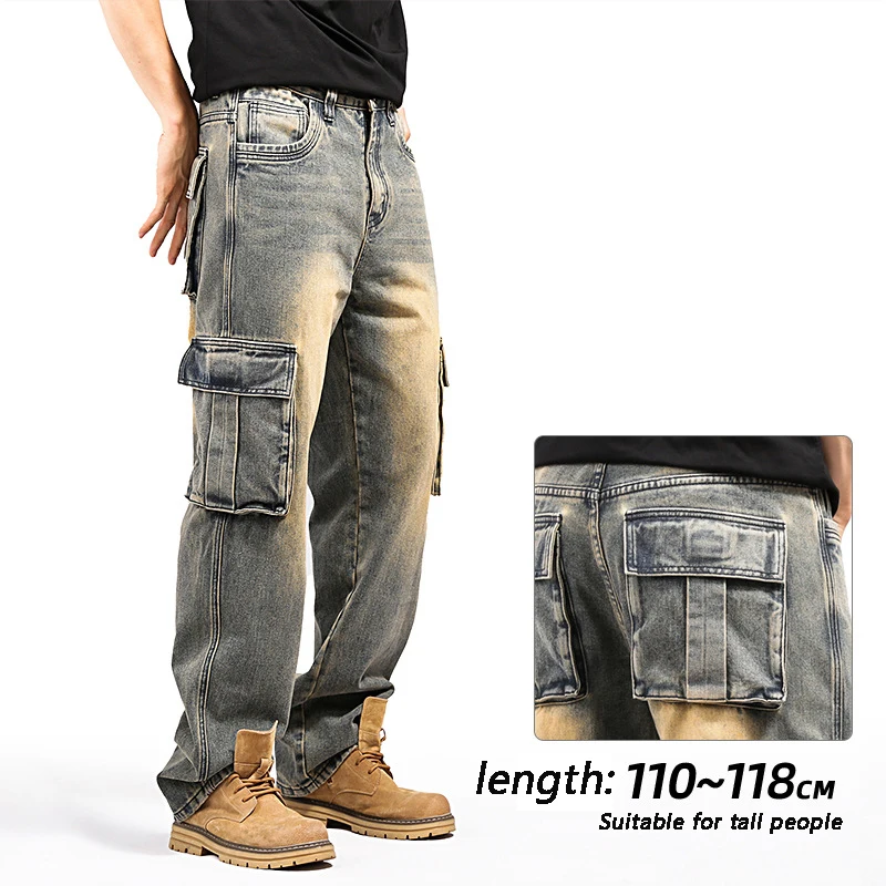 

Vintage Heavy Weight Jeans Men Oversized Loose Multi Pocket Cargo Pants Cargo Pants High Street Denim Trousers Lengthen For Tall