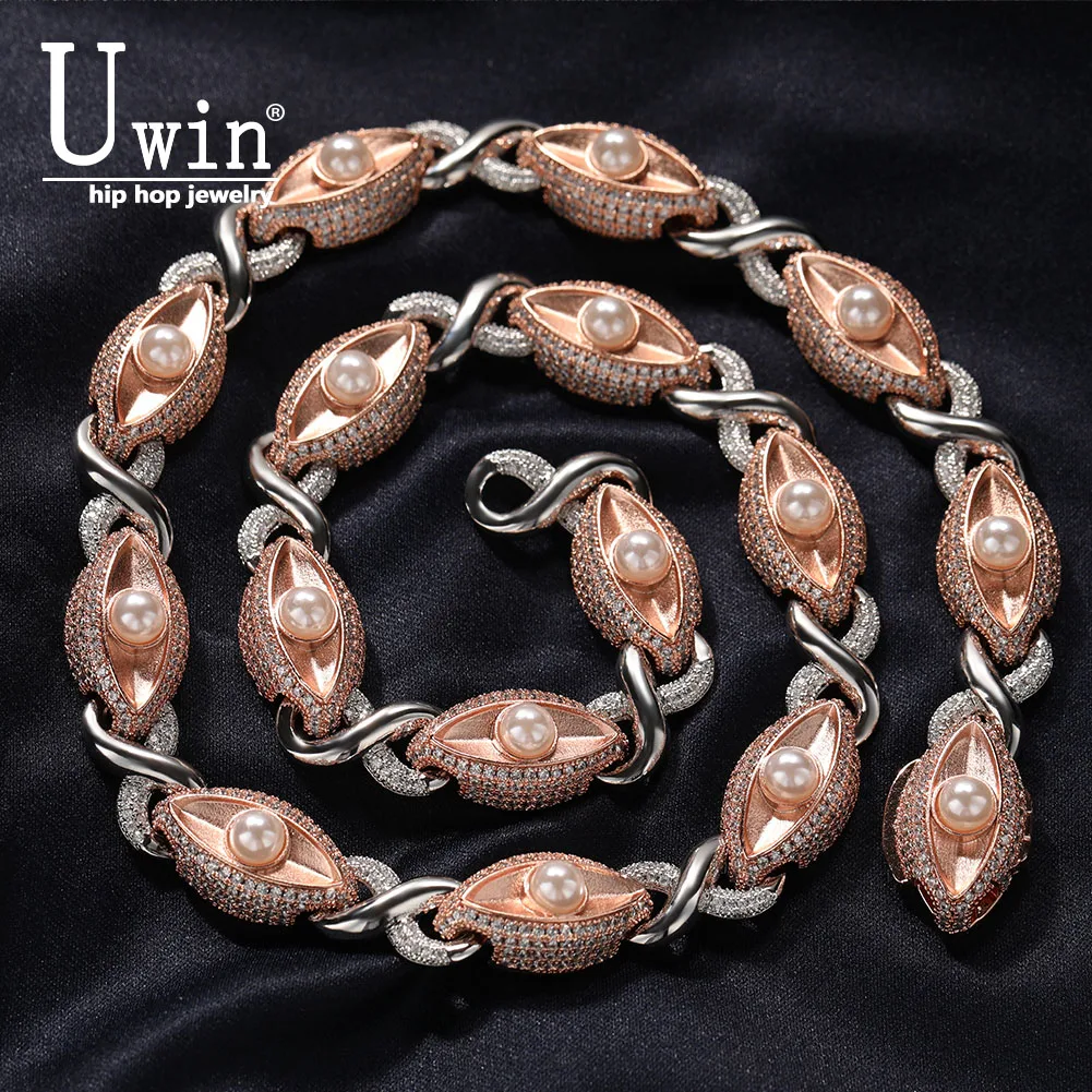 

Uwin Frosted Eye Pearl Infinity Chain Two-tone Necklace Full Iced Out Cubic Zircon Fashion Luxurious Choker HipHop Jewelry