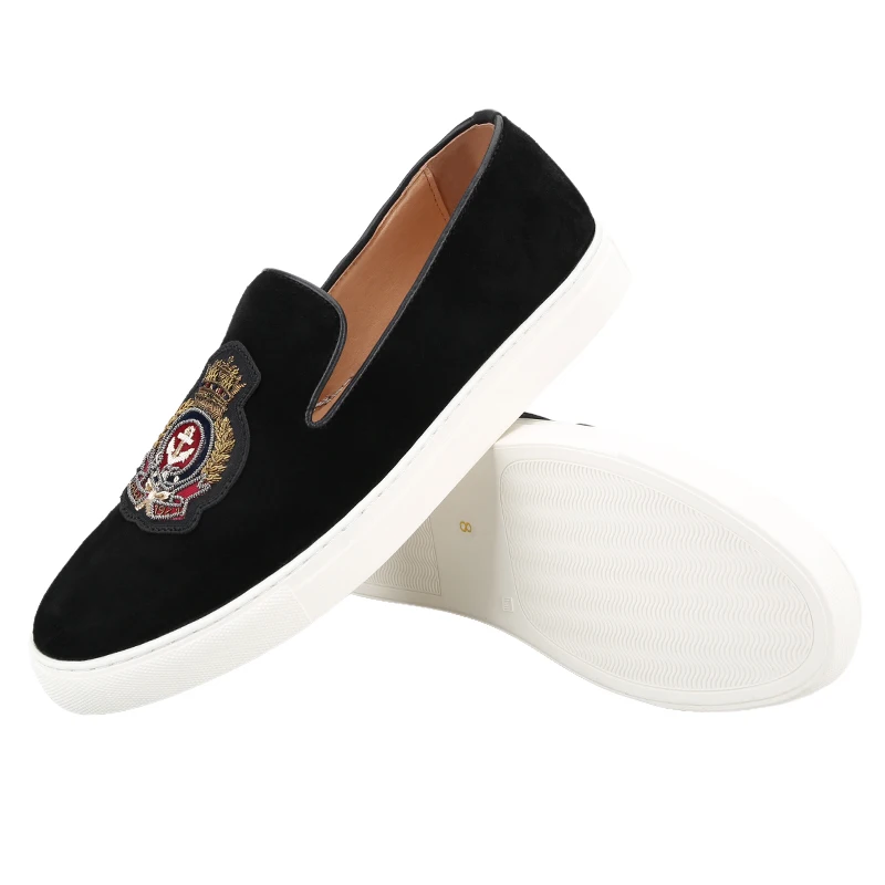 Piergitar Black Cow Suede Slip-On Sneakers With Bullion Embroidered Patch Handcrafted Men's Casual Shoes White Rubber Outsole