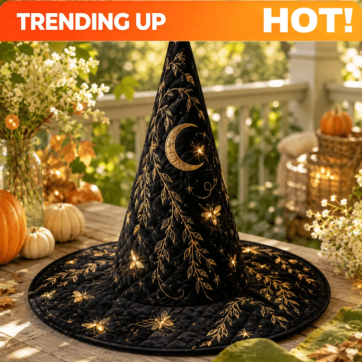 Customization Golden Willow Branch & Crescent Moon Witch Hat With Firefly Accent - Gothic Costume Headpiece For Halloween Partie