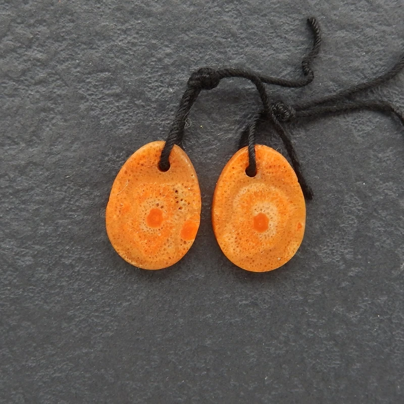 Sunburst-Pattern Orange Coral Shell Oval Drop Earrings Jewelry Set - Matching Coastal Theme Accessory 14x11x3mm-1.3g